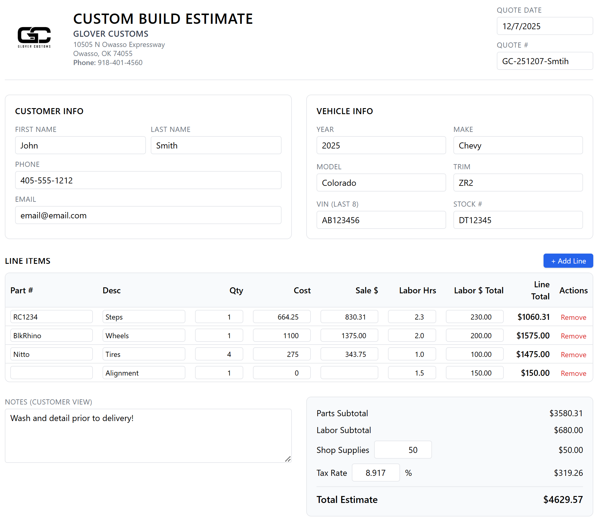 Screenshot of the QuoteBuilder estimate screen